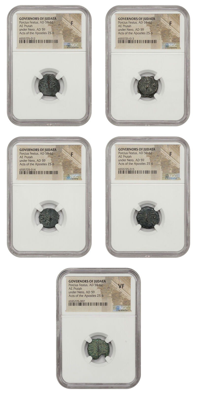 Lot of 5 Roman Governors of Judaea: AD 59-62 AE Prutah NGC F/VF Porcius Festus