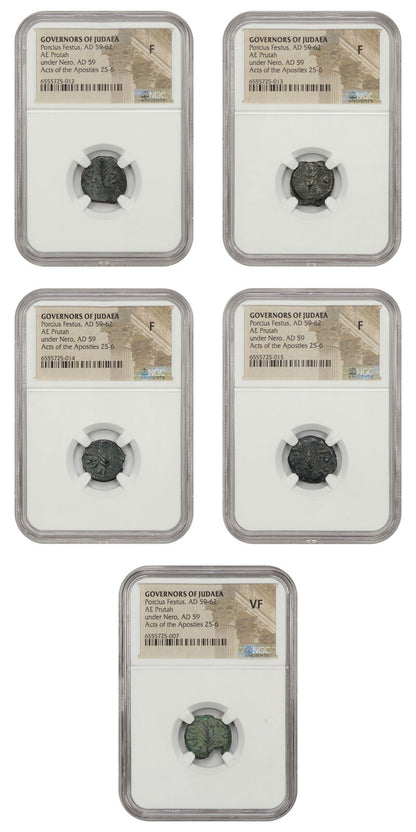 Lot of 5 Roman Governors of Judaea: AD 59-62 AE Prutah NGC F/VF Porcius Festus