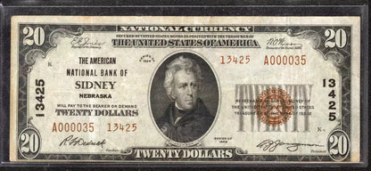 1929 $20 AMERICAN NATIONAL BANKNOTE CURRENCY SIDNEY NEBRASKA (035)