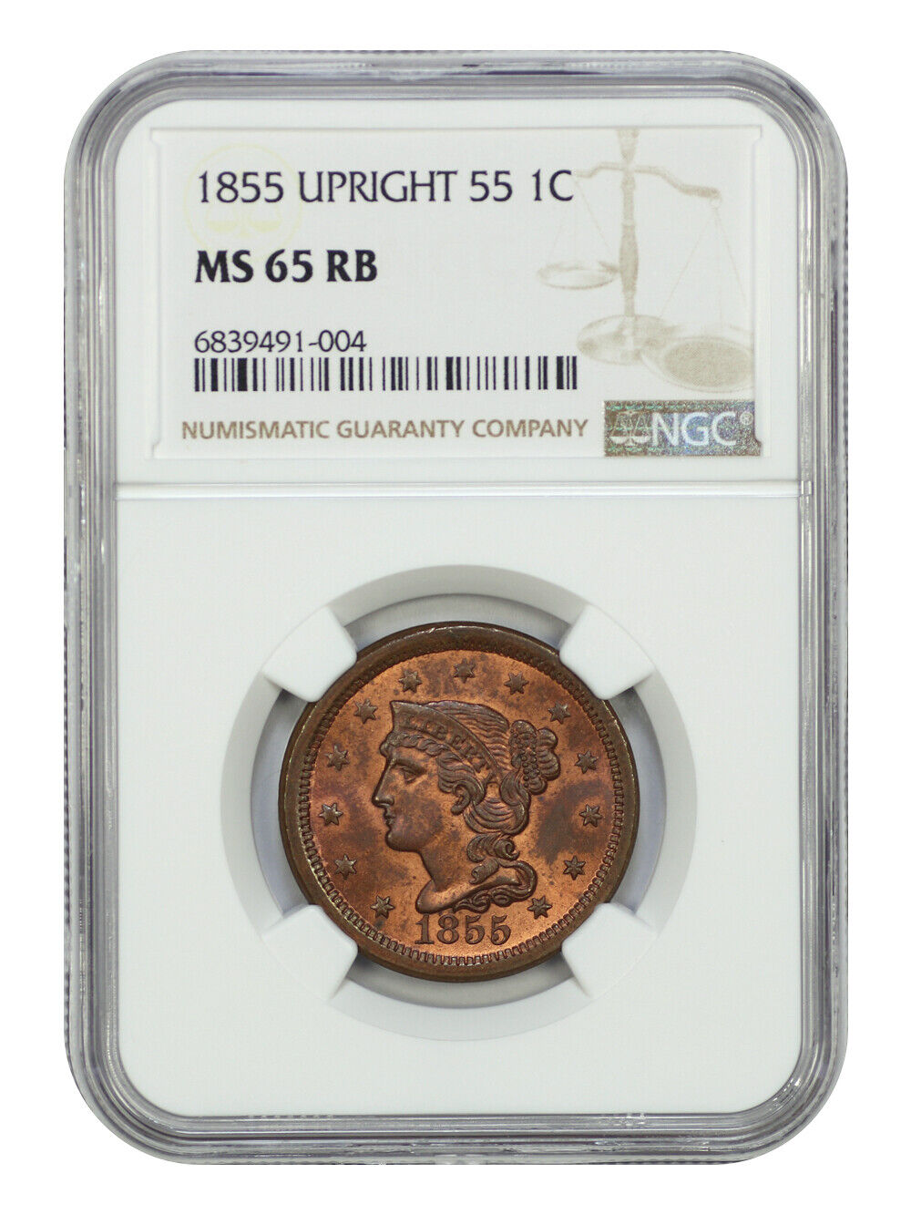 1855 1C NGC MS65RB (Upright 55) - Braided Hair Cent