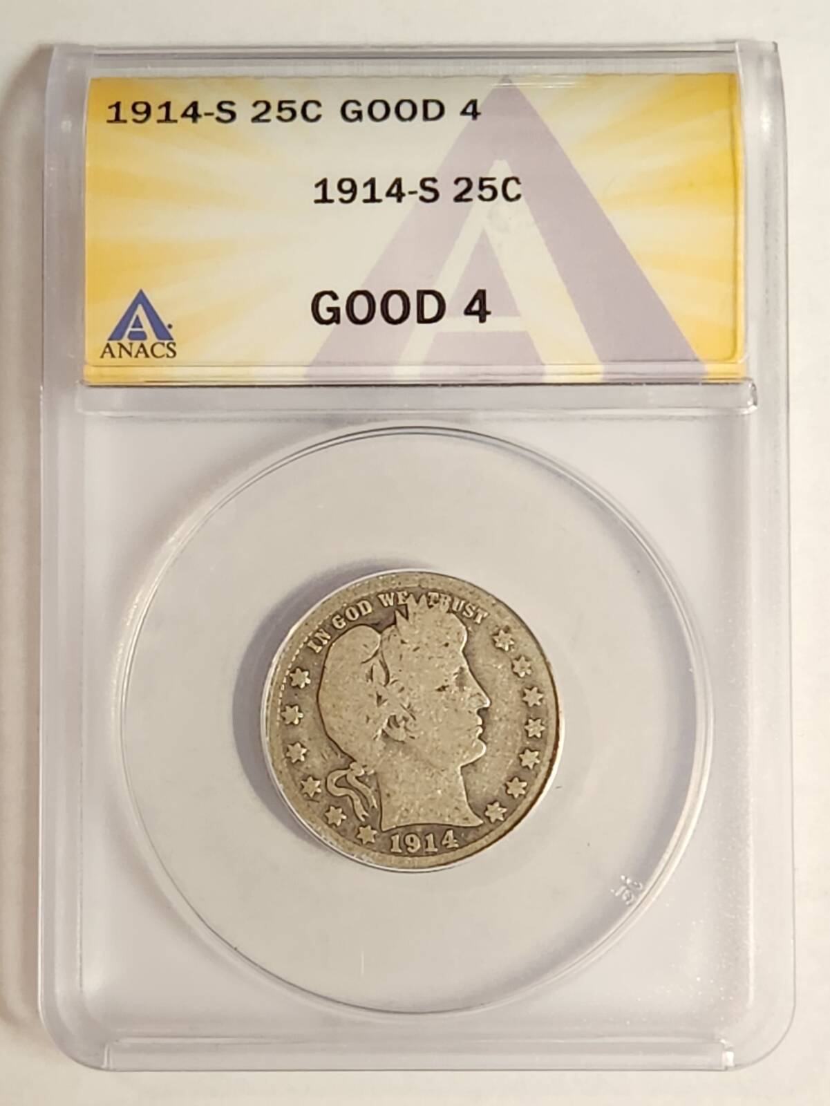 1914 S Barber Quarter ANACS G-4