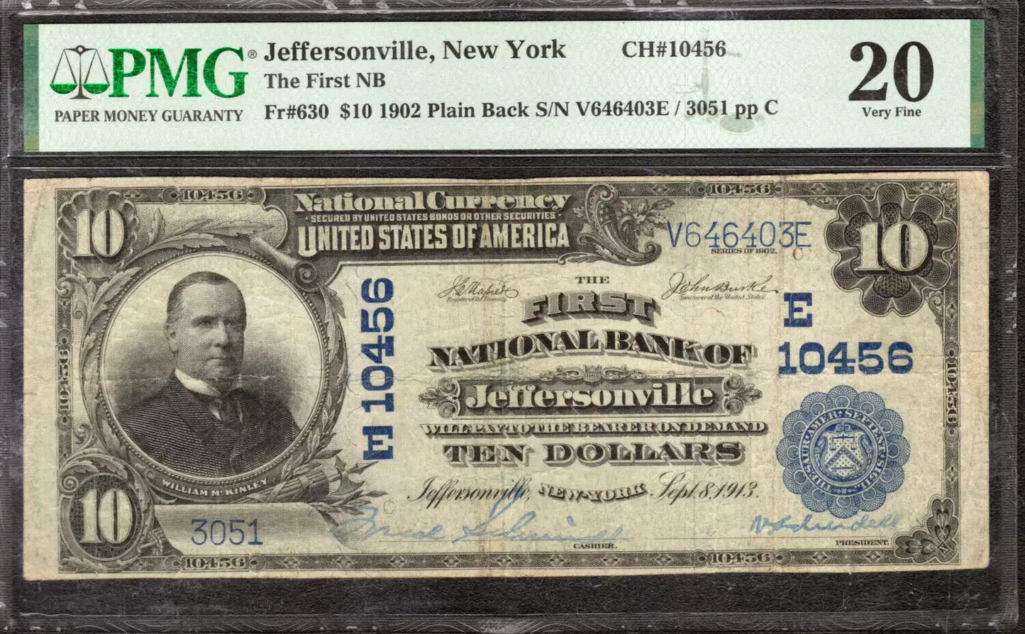 1902 $10 FIRST NATIONAL BANKNOTE JEFFERSONVILLE NEW YORK PMG VF 20 ONLY 2 KNOWN