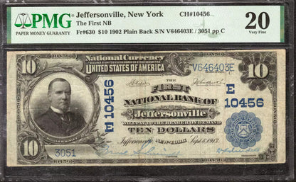 1902 $10 FIRST NATIONAL BANKNOTE JEFFERSONVILLE NEW YORK PMG VF 20 ONLY 2 KNOWN