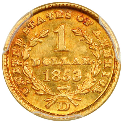 1853-D G$1 PCGS MS63 ex: D.L. Hansen