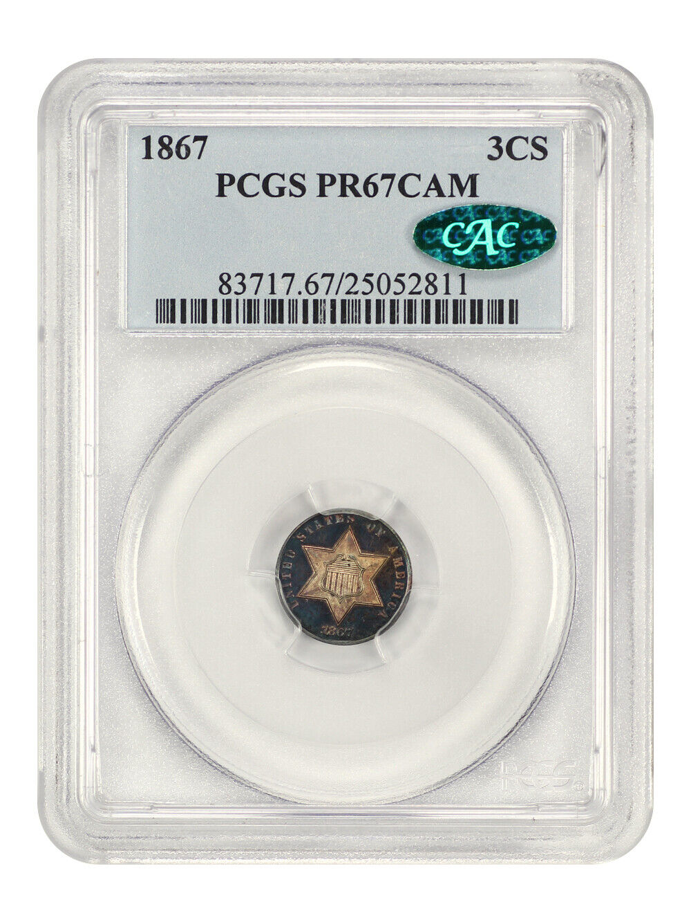 1867 3CS PCGS/CAC PR67CAM