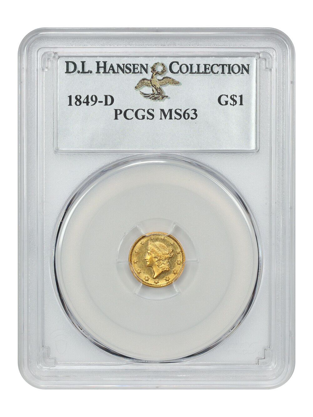 1849-D G$1 PCGS MS63 ex: D.L. Hansen