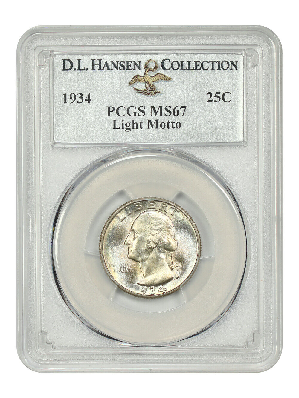 1934 25C PCGS MS67 (Light Motto) ex: D.L. Hansen - Washington Quarter