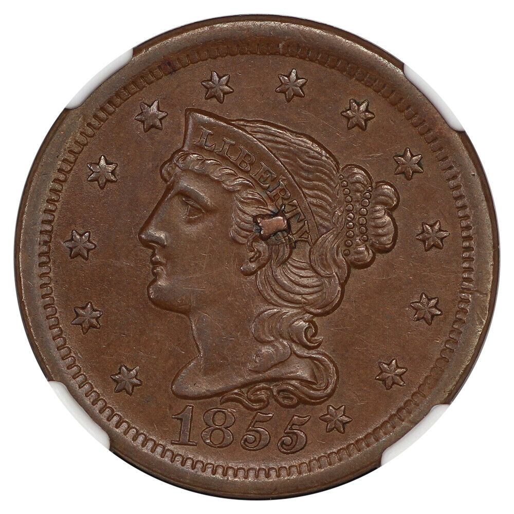 1855 1C NGC MS62BN (Knob on Ear, N-9) - Braided Hair Cent - Popular Variety