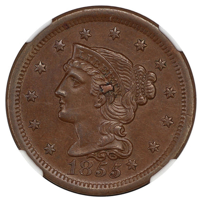 1855 1C NGC MS62BN (Knob on Ear, N-9) - Braided Hair Cent - Popular Variety