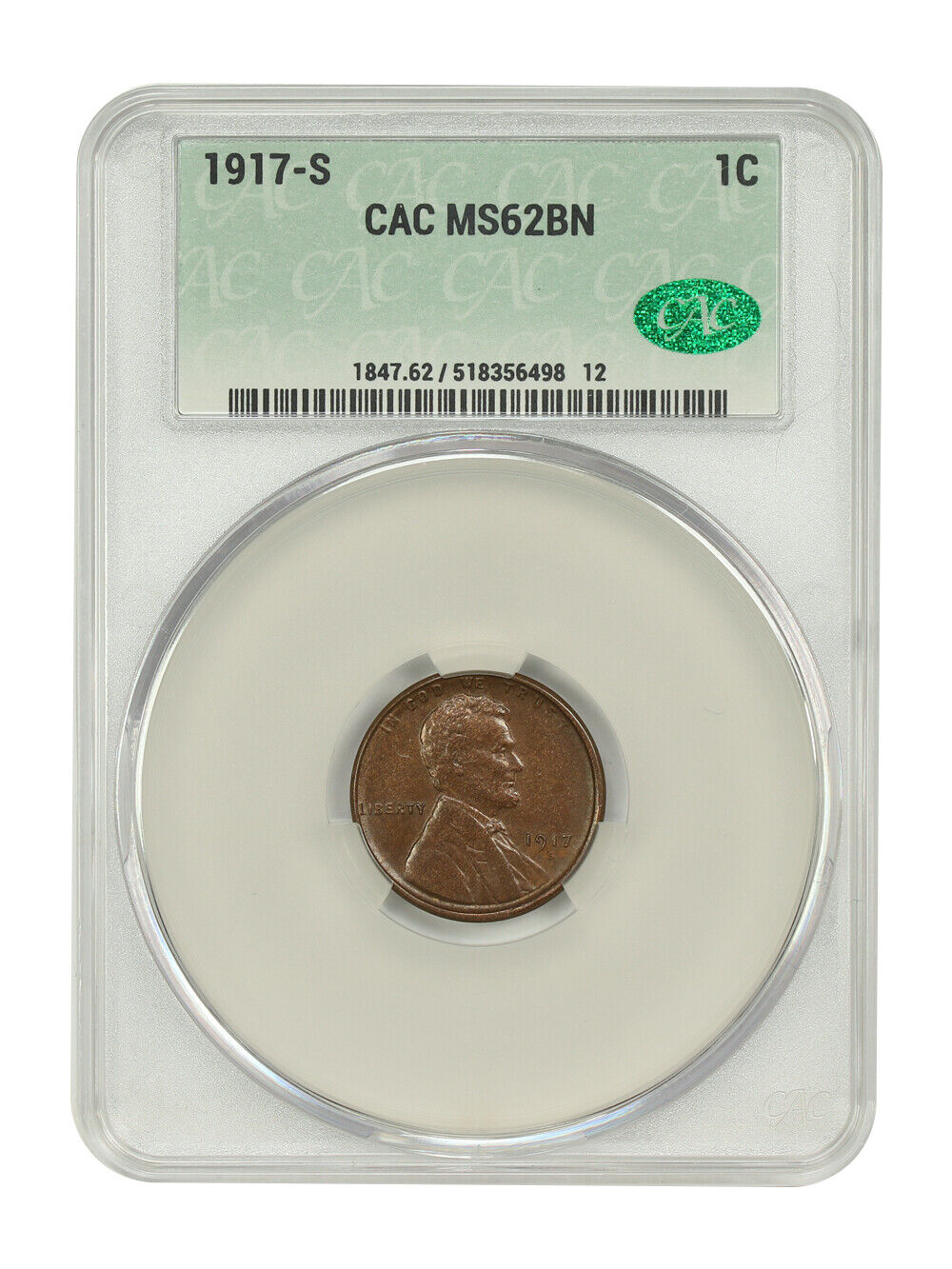 1917-S 1C CACG MS62BN - Lincoln Cent (Wheat Reverse) - Popular Early S-Mint