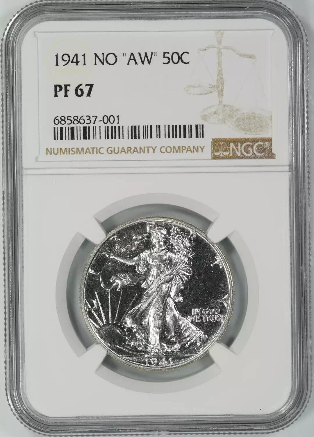 1941 PROOF WALKING LIBERTY HALF DOLLAR 50C NGC CERTIFIED PF 67 NO 'AW' (001)