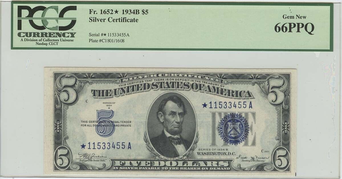 1934B $5 Silver Certificate Star Note FR#1652* PCGS 66PPQ Gem New