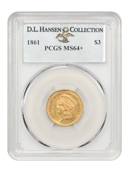 1861 $3 PCGS MS64+ ex: D.L. Hansen