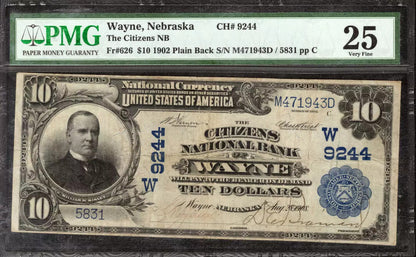 1902 PB $10 CITIZENS NATIONAL BANKNOTE WAYNE NEBRASKA PMG VF 25