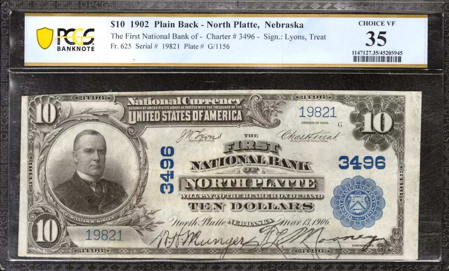 1902 $10 FIRST NATIONAL BANKNOTE CURRENCY NORTH PLATTE NEBRASKA PCGS 35 VF (821)