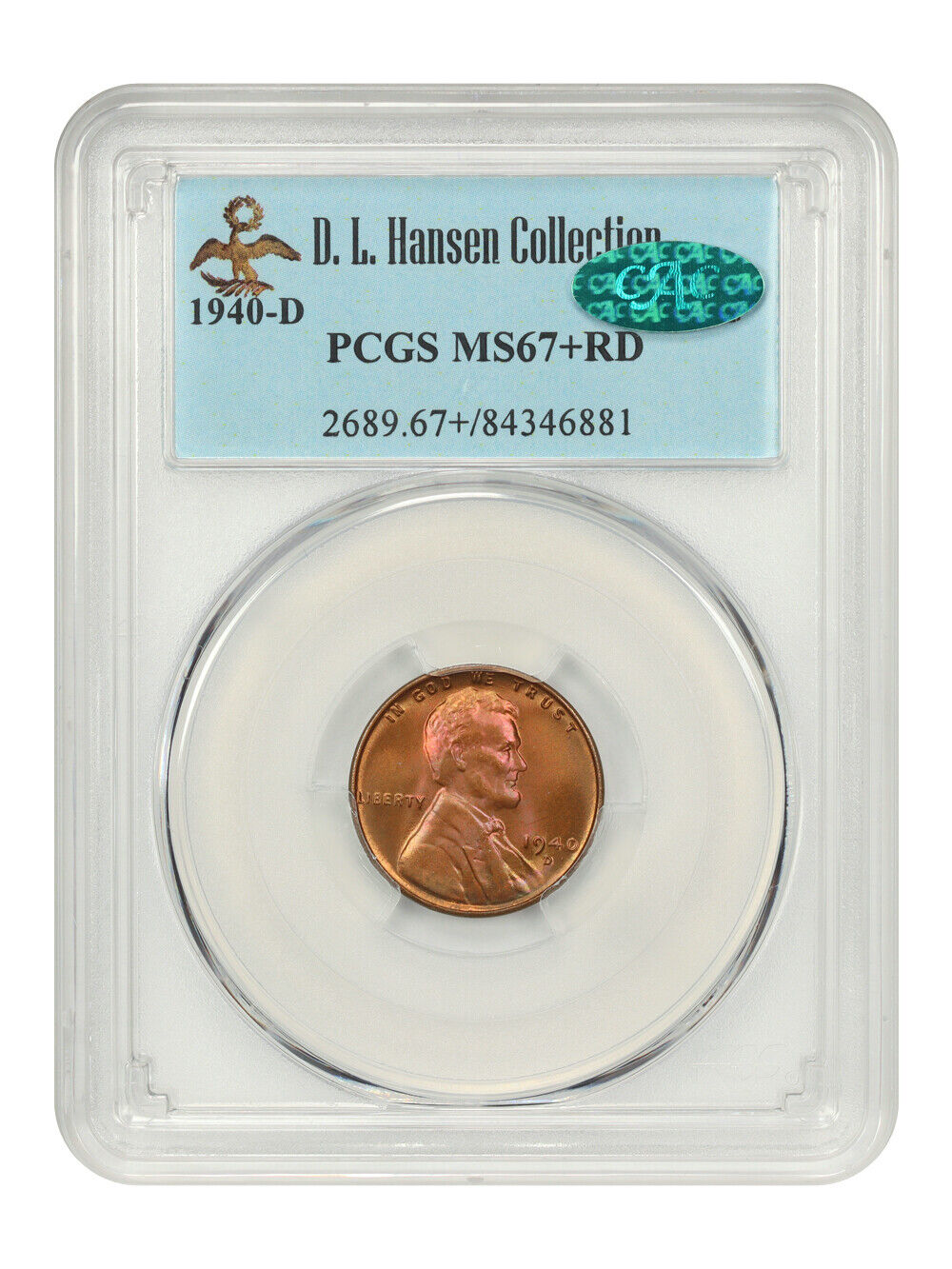 1940-D 1c PCGS/CAC MS67+ RD ex: D.L. Hansen