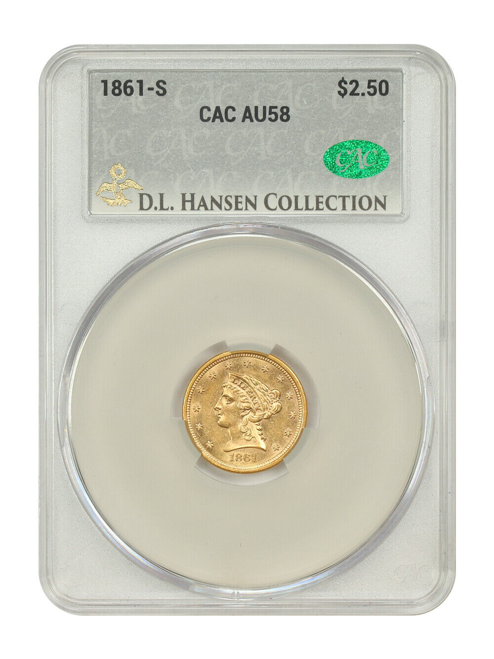 1861-S $2.50 CACG AU58 ex: D.L. Hansen - Liberty Head $2.5