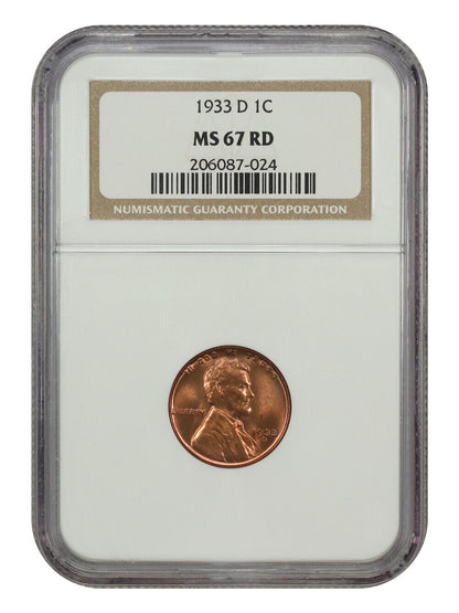 1933-D 1C NGC MS67RD - Lincoln Cent (Wheat Reverse) - Desirable in Full RD