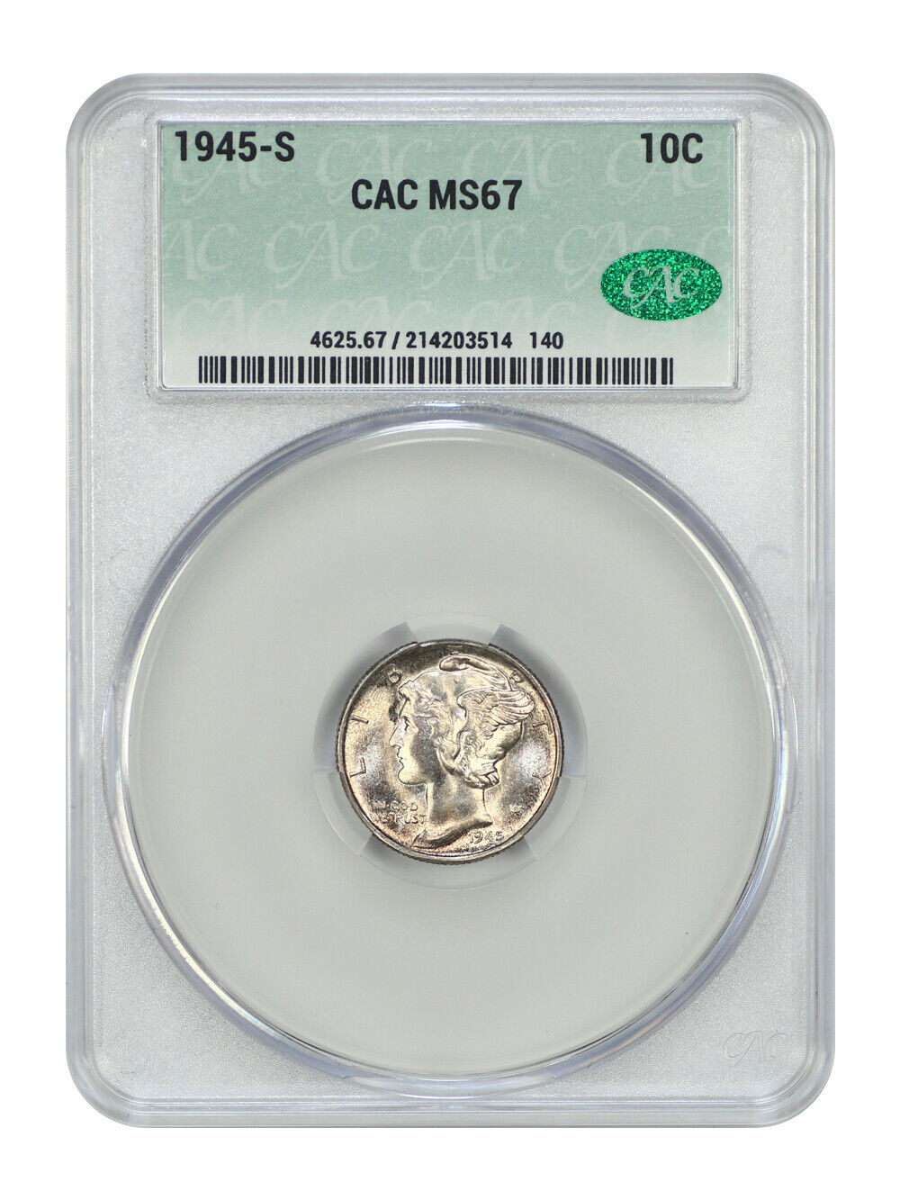 1945-S 10C CACG MS67 - Mercury Dime