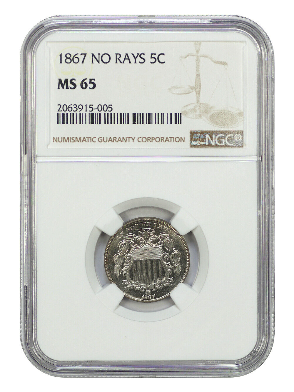 1867 5C NGC MS65 (No Rays) - Shield Nickel - Lustrous Gem