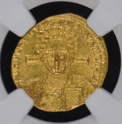 Justinian II, AD 705-711 BYZANTINE EMPIRE AV Solidus NGC MS60 Christ