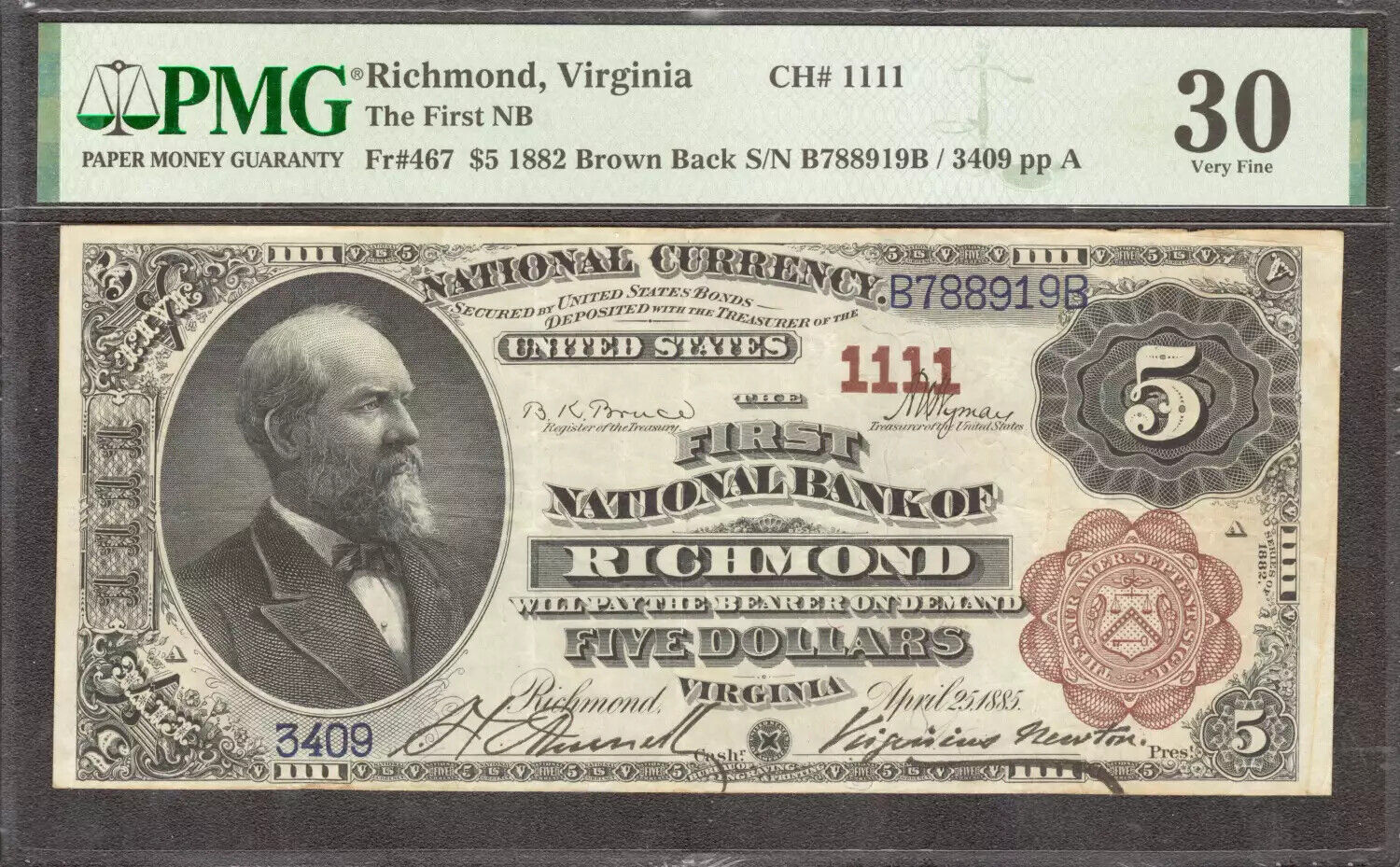 1882 $5 FIRST NATIONAL BANKNOTE CURRENCY RICHMOND VIRGINIA PMG 30 VF FINE (919B)