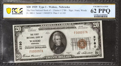 1929 $20 FIRST NATIONAL BANKNOTE CURRENCY WAHOO NEBRASKA PCGS UNC 62 PPQ (097A)