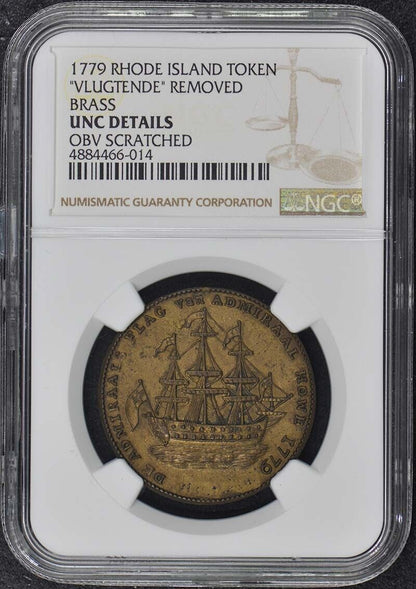 1779 Rhode Island Ship Token Brass Vlugtende NGC Unc Details