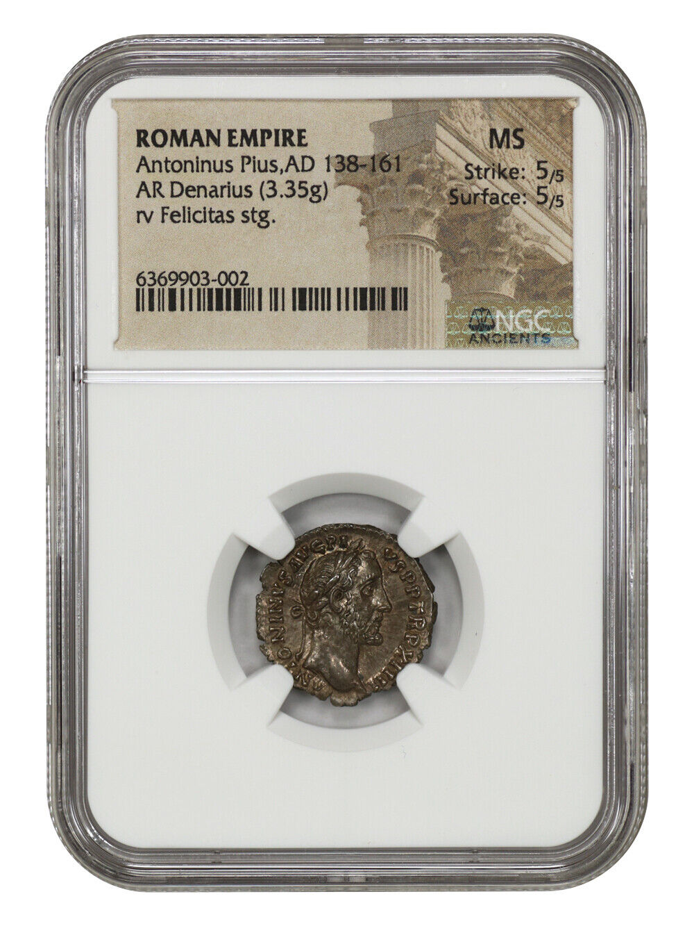 Ancient Roman: Antoninus Pius (AD 138-161) AR Denarius NGC MS