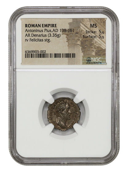 Ancient Roman: Antoninus Pius (AD 138-161) AR Denarius NGC MS