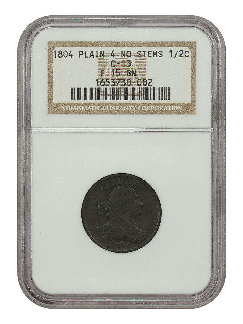 1804 1/2C NGC Fine 15 (C-13, Plain 4, No Stems) - Draped Bust Half Cent