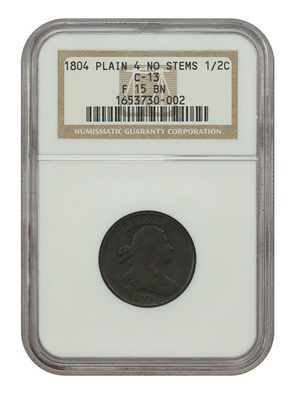 1804 1/2C NGC Fine 15 (C-13, Plain 4, No Stems) - Draped Bust Half Cent