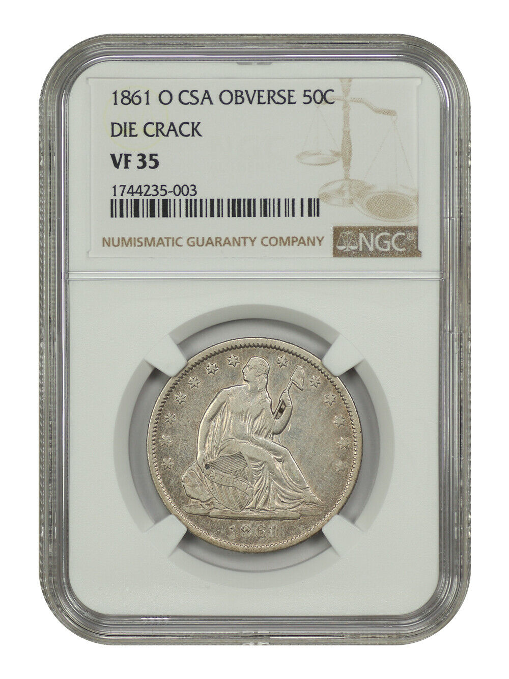 1861-O 50C NGC VF35 (CSA Obverse) - Liberty Seated Half Dollar