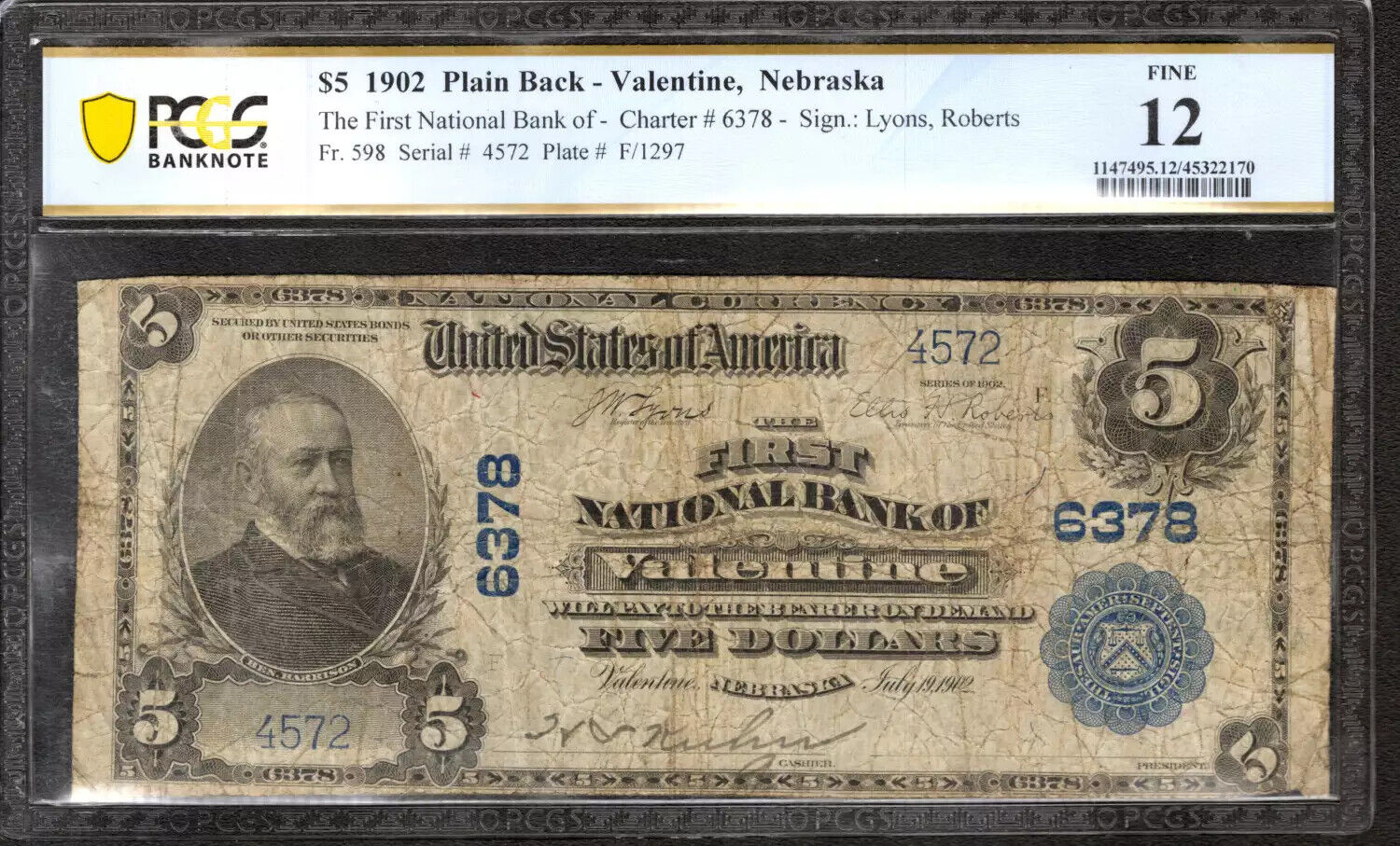 1902 PB $5 FIRST NATIONAL BANKNOTE VALENTINE NEBRASKA PCGS B FINE 12