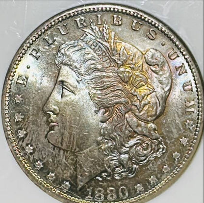 1880 S Morgan Silver Dollar NGC MS-64 Rainbow Toning