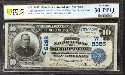 1902 PB $10 FIRST NATIONAL BANKNOTE STROMSBURG NEBRASKA PCGS B VERY FINE 30 PPQ