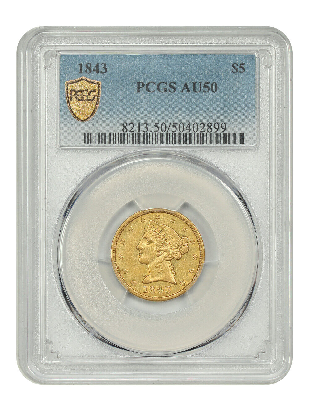 1843 $5 PCGS AU50 - Liberty Head $5