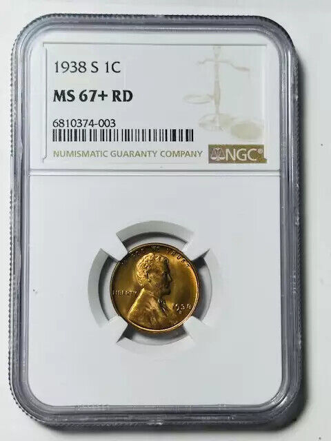 1938 S Small Cents Lincoln Penny NGC MS-67+ RD Lots of Luster!