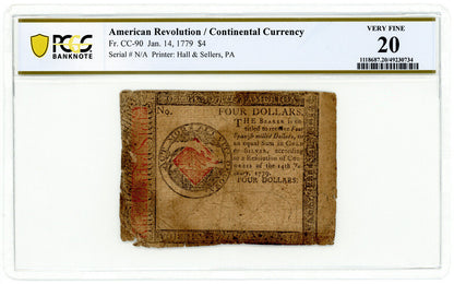 FR. CC-90 Jan 14, 1779 $4 Continental Currency PCGS VF20 (Edge Damage)