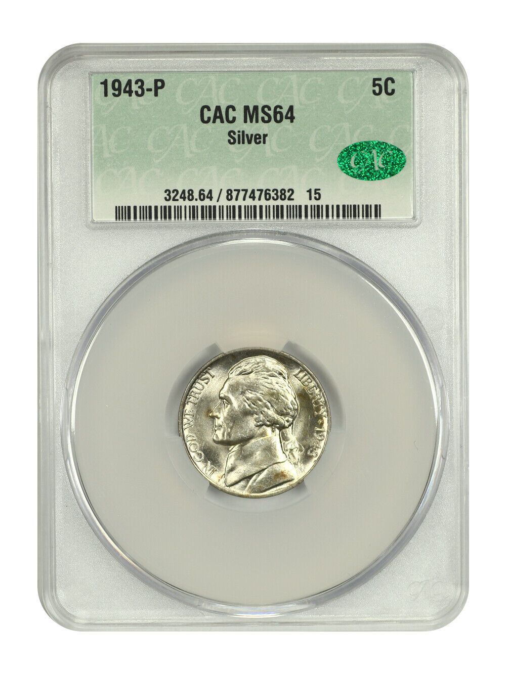 1943-P 5C CACG MS64 - Jefferson Nickel