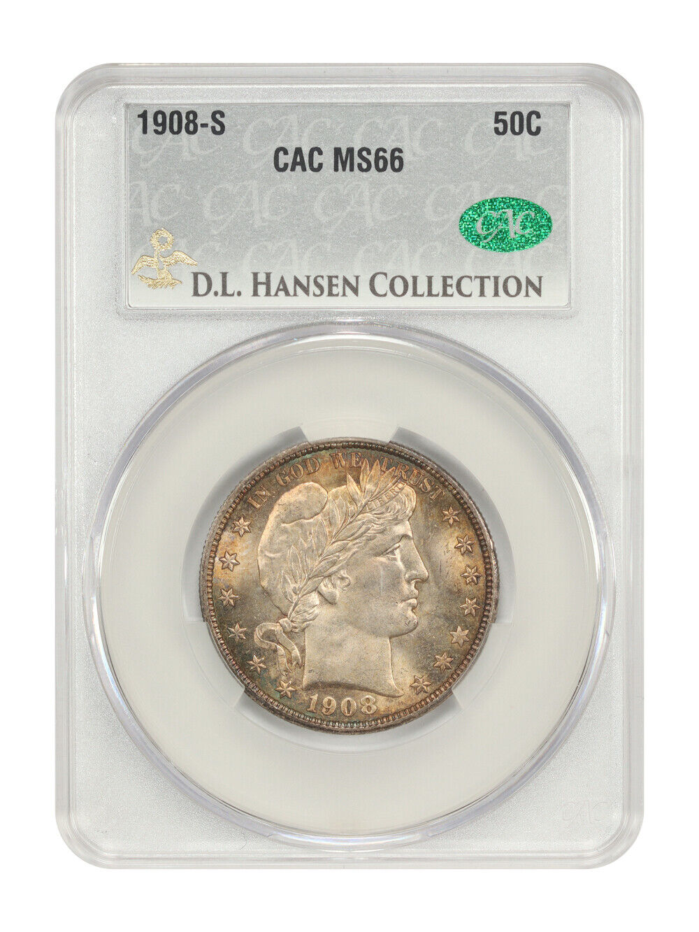 1908-S 50C CACG MS66 ex: D.L. Hansen - Barber Half Dollar - Registry Worthy