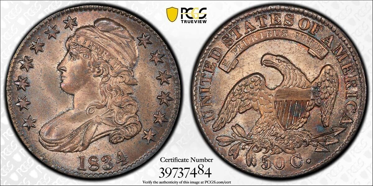 1834 50C Large Date Large Letters Capped Bust Half Dollar PCGS MS65