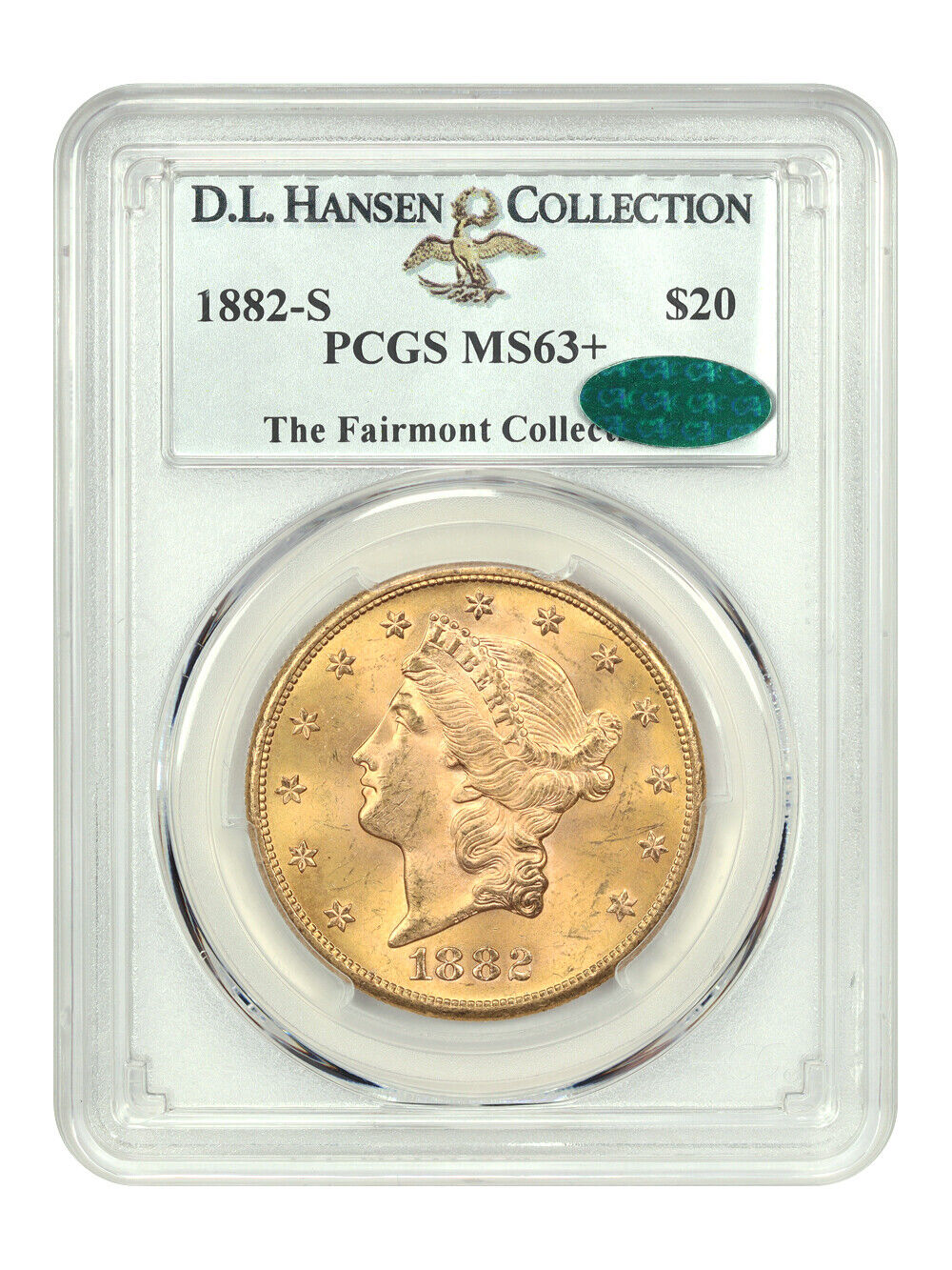 1882-S $20 PCGS/CAC MS63+ ex: D.L. Hansen