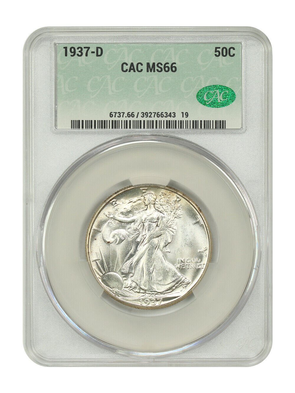 1937-D 50C CACG MS66 - Walking Liberty Half Dollar