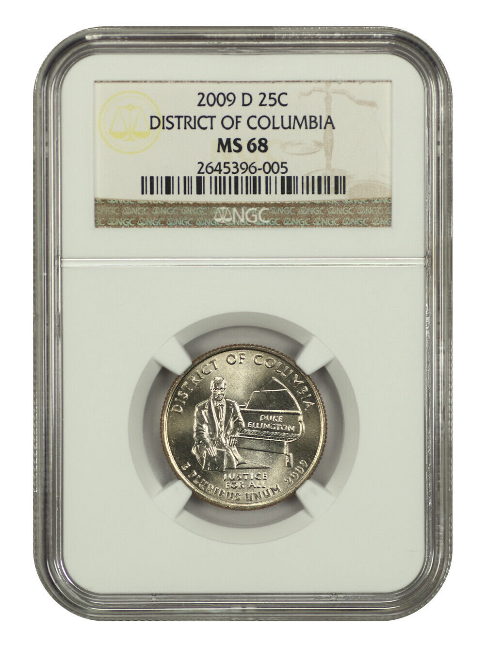 2009-D 25C District of Columbia NGC MS68 - Type 1, Clad