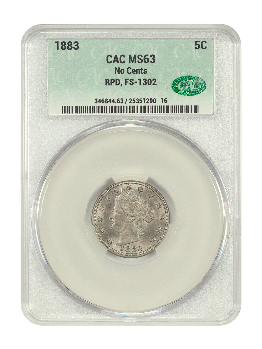 1883 5C CACG MS63 (No Cents, RPD, FS-01302) - Liberty Nickel