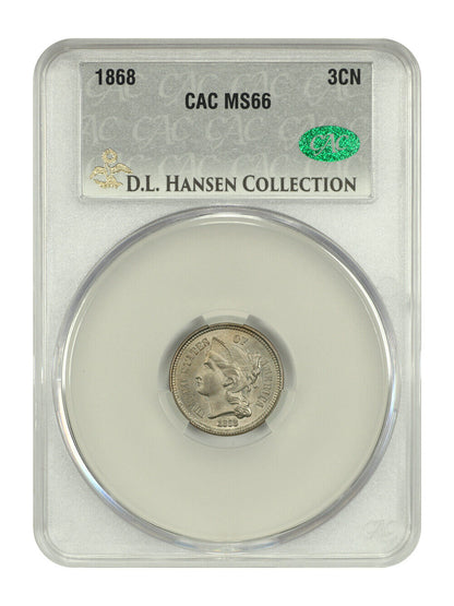 1868 3CN CACG MS66 ex: D.L. Hansen - Three Cent Nickel