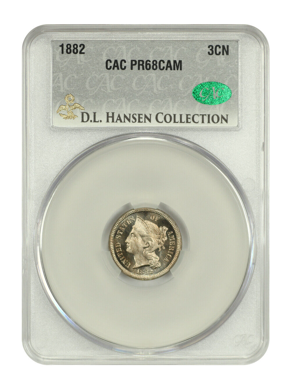 1882 3CN CACG PR68CAM ex: D.L. Hansen - Three Cent Nickel