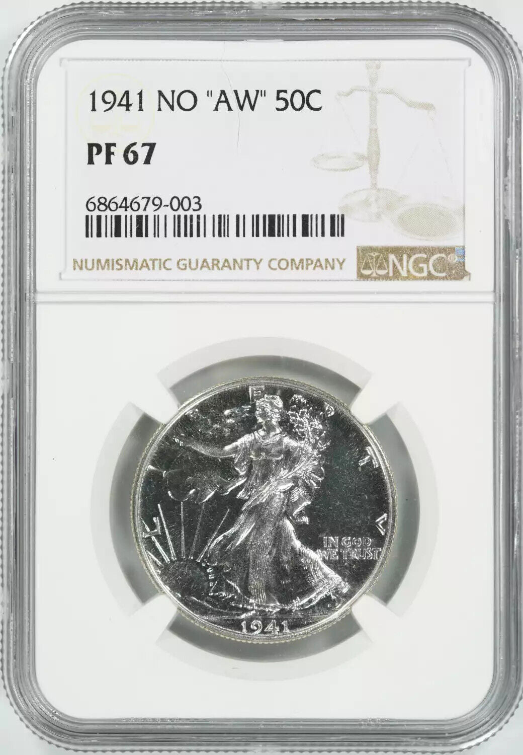 1941 PROOF WALKING LIBERTY HALF DOLLAR 50C PCGS CERTIFIED PF 67 NO 'AW' (003)