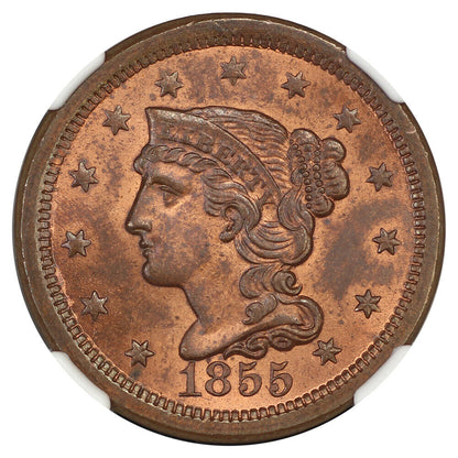 1855 1C NGC MS65RB (Upright 55) - Braided Hair Cent